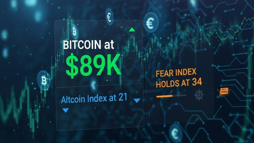 Crypto Market Today Bitcoin at $89K, Altcoin Index at 21, as Fear Index Holds at 34