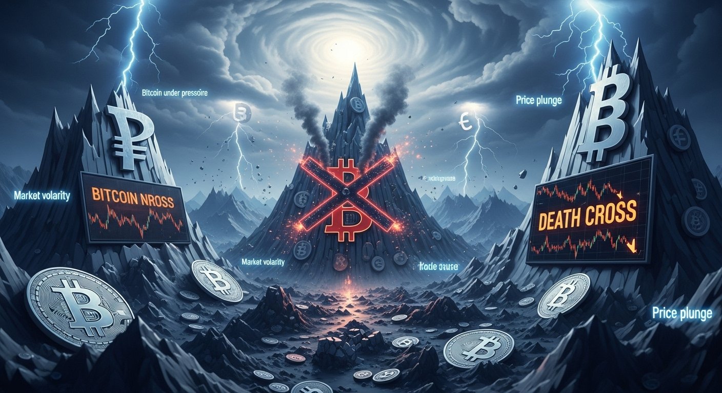 Create an image size 1500 x 900 of a landscape on this "Bitcoin News Death Cross "